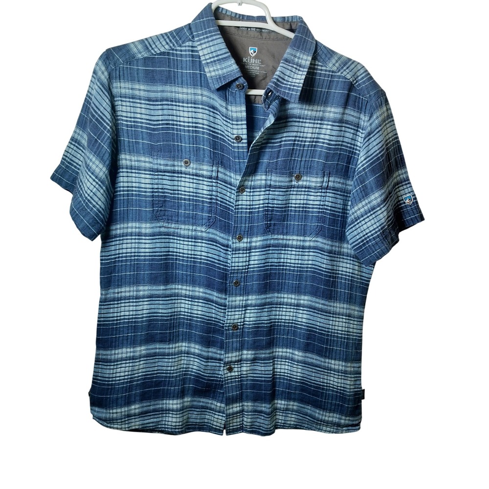 Kuhl Mens Short Sleeve Button Down Shirt Blue Striped Textured Medium Pocket